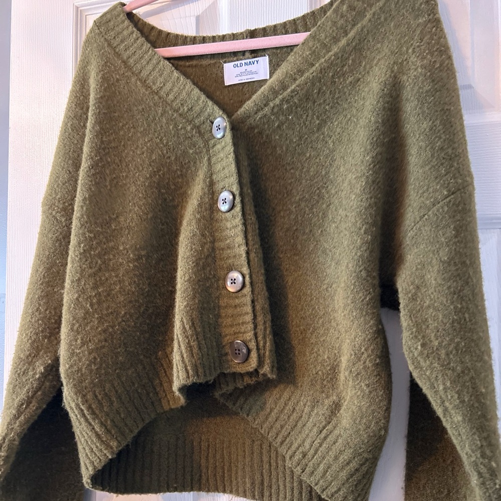 Old Navy Olive Green Cropped Botton Cardigan Sweater - Picture 3 of 4